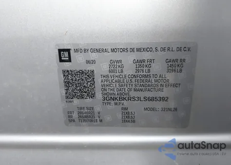 2020 Chevrolet Blazer Awd Rs z USA, uszkodzony, nr VIN 3GNKBKRS3LS685392